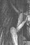 Guillotine, auf dem Fallbeil sitzt eine weibliche Figur mit schwarzen Fluegeln und einem Kinderkopfpenis, Federzeichnung